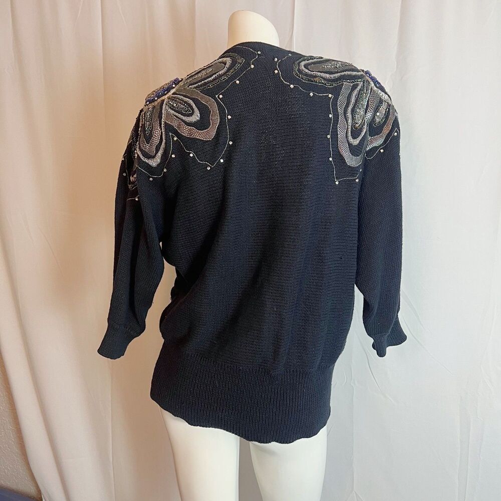 Vintage 80s Bonnie Boerer Black Silver Beaded Embroidered Wrap Sweater Size S - Picture 4 of 6